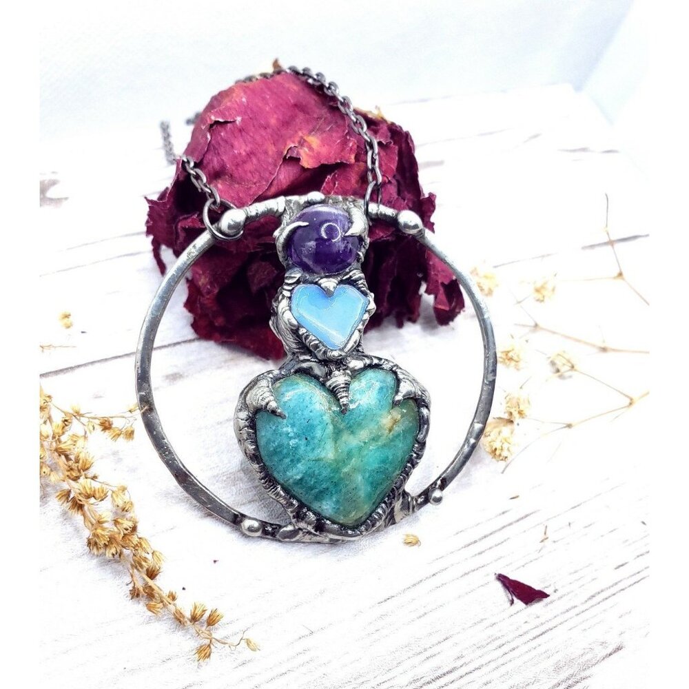 Crystal Heart Necklace - amazonite, opalite and amethyst cosplay necklace